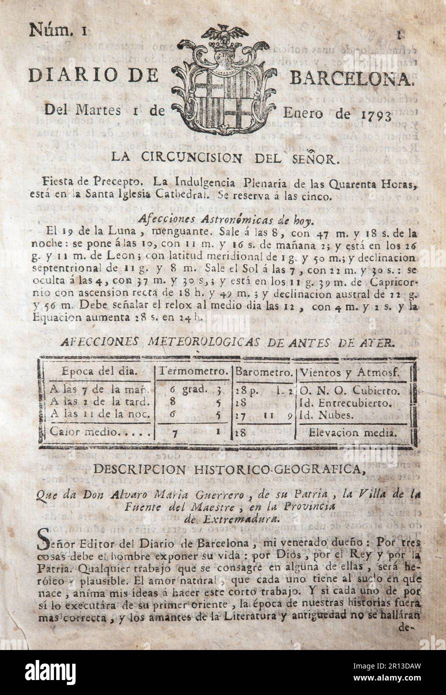 Diario de Barcelona, Núm. 1, enero de 1793. Foment del Treball Nacional de Barcelona. Banque D'Images