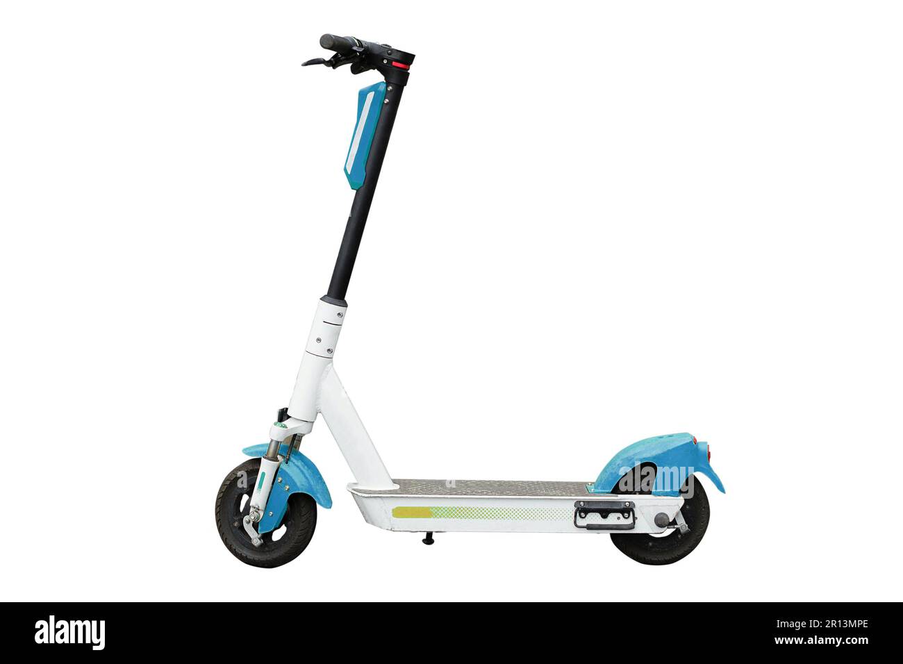 Scooter électrique, sur fond blanc isolé. Scooter électrique usagé, bleu et jaune Banque D'Images