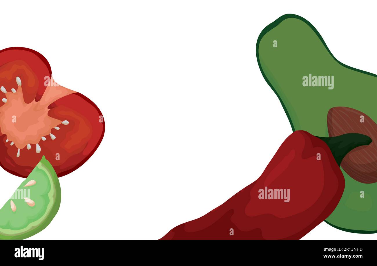 Scène avec des tranches de fruits et de légumes : tomate, citron, avocat et piment rouge en style caricature. Illustration de Vecteur