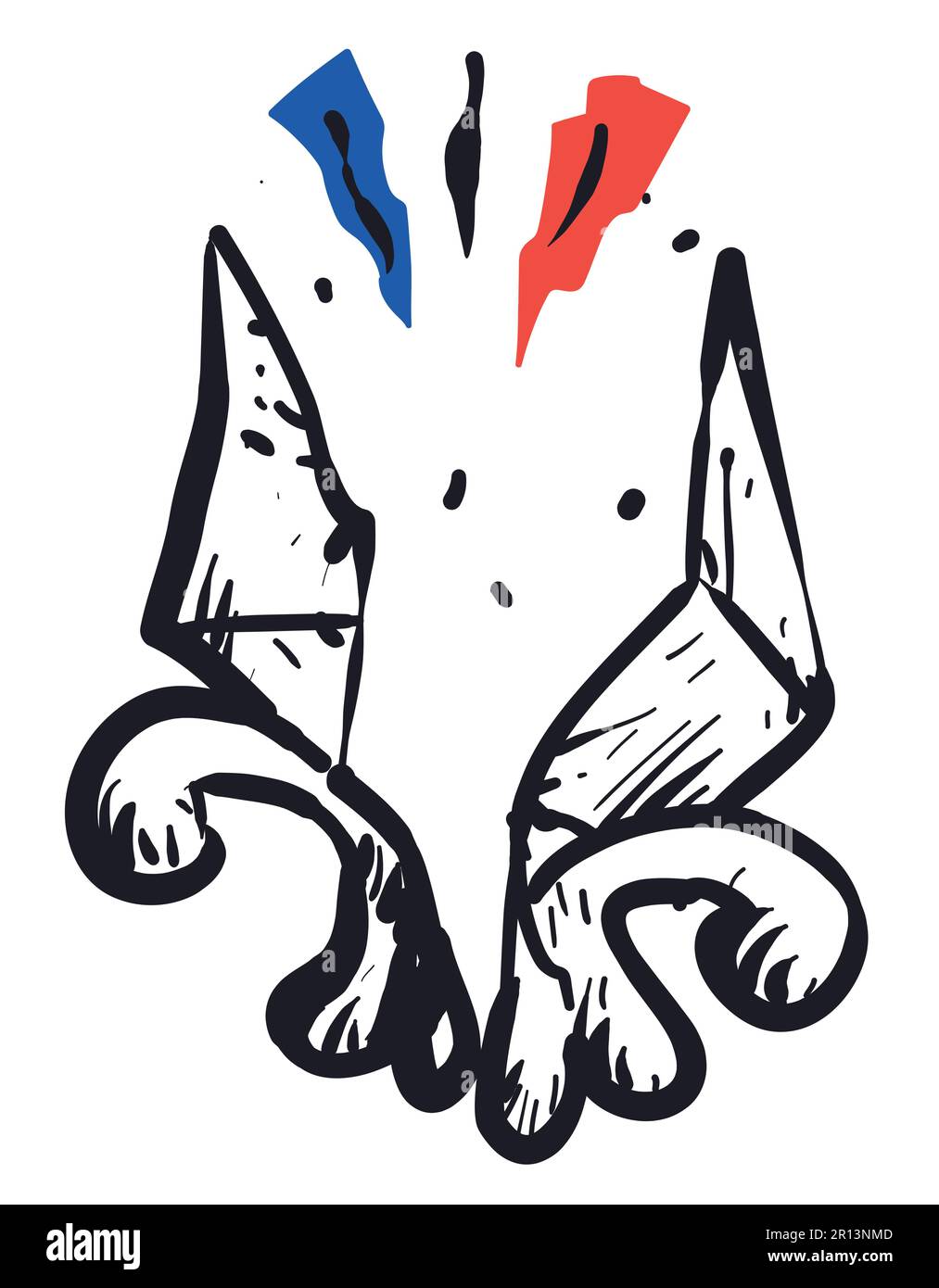 Symbole Fleur-de-lis cassé décoré de couleurs françaises. Dessin dessiné à la main sur fond blanc. Illustration de Vecteur