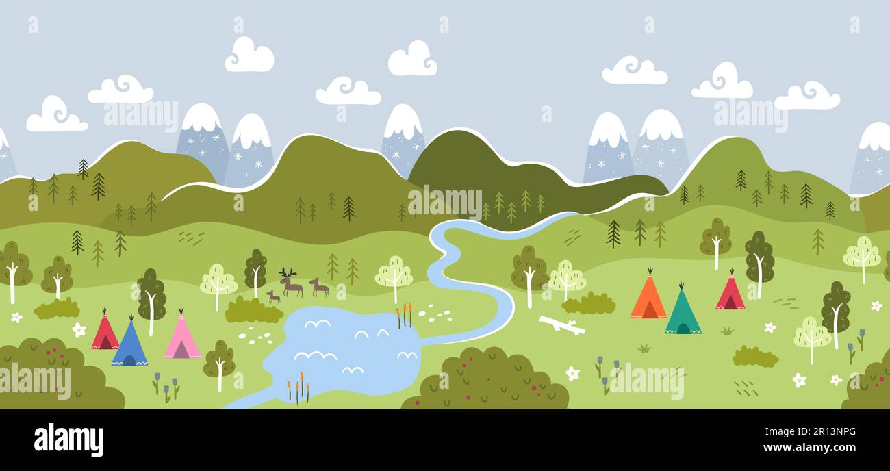 Carte mignonne dessinée à la main avec des montagnes, des tentes, des arbres, des collines. Paysage illustré simple, aventure - idéal pour les bannières, fonds d'écran, cartes. Illustration de Vecteur