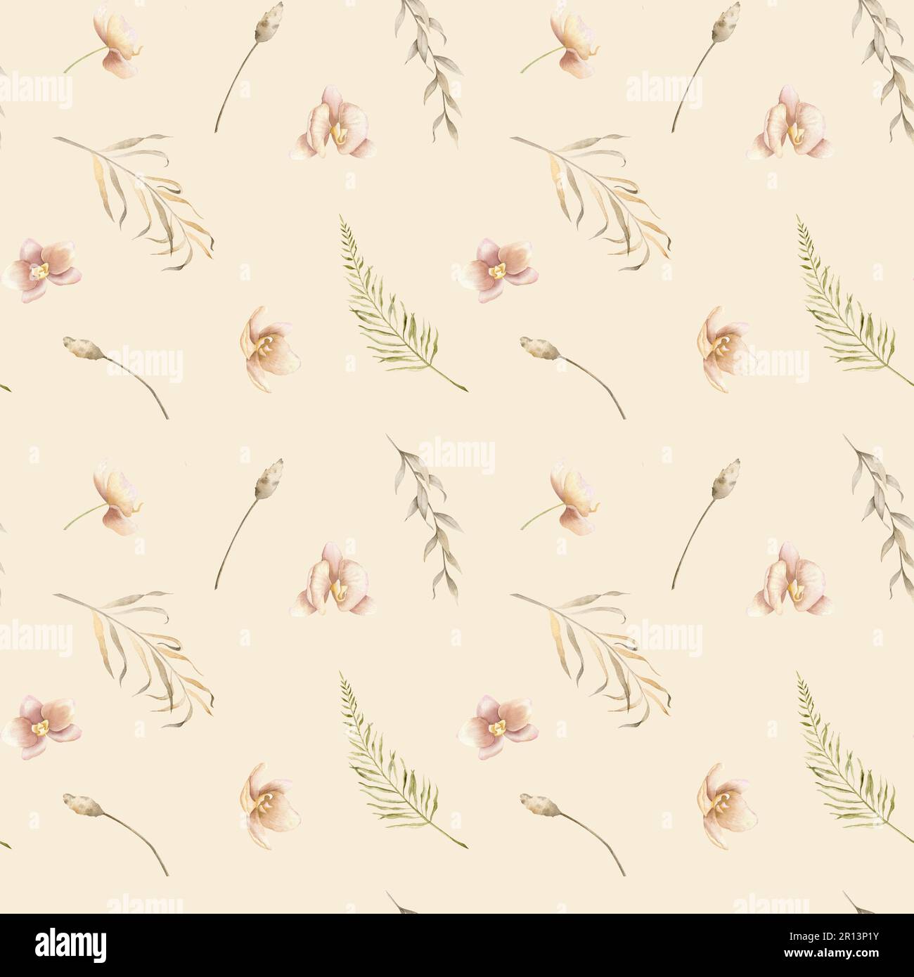 Motif floral avec fleurs d'orchidées roses et branches séchées sur fond beige isolé. Illustration botanique d'aquarelle dessinée à la main avec plantes et herbes pour ornement textile ou papier d'emballage. Banque D'Images