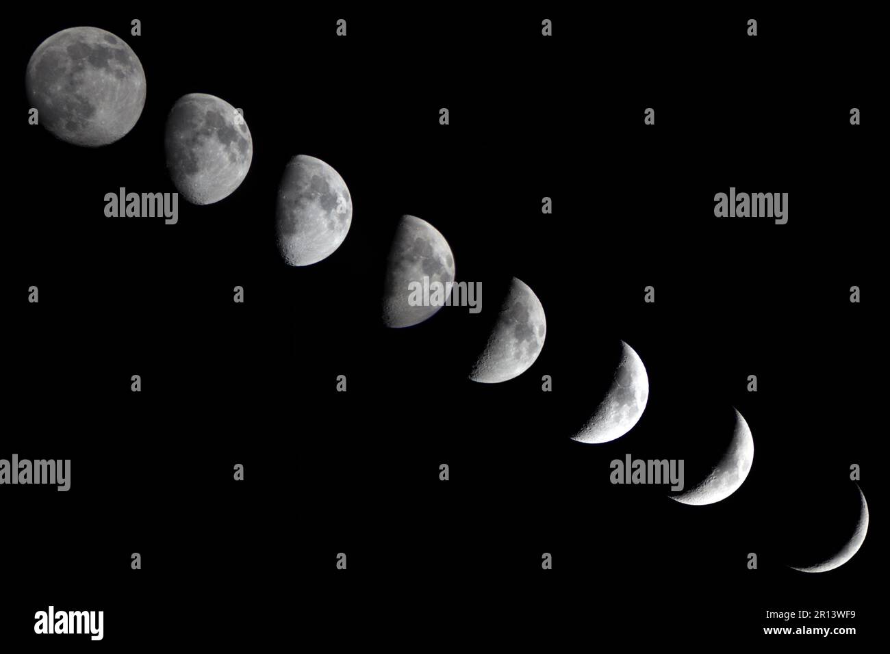 Intervalle de temps de la lune de toutes les étapes du cycle de la lune sur fond noir. Espace, monde, papier peint sur le thème de l'espace, design. Phases. Banque D'Images