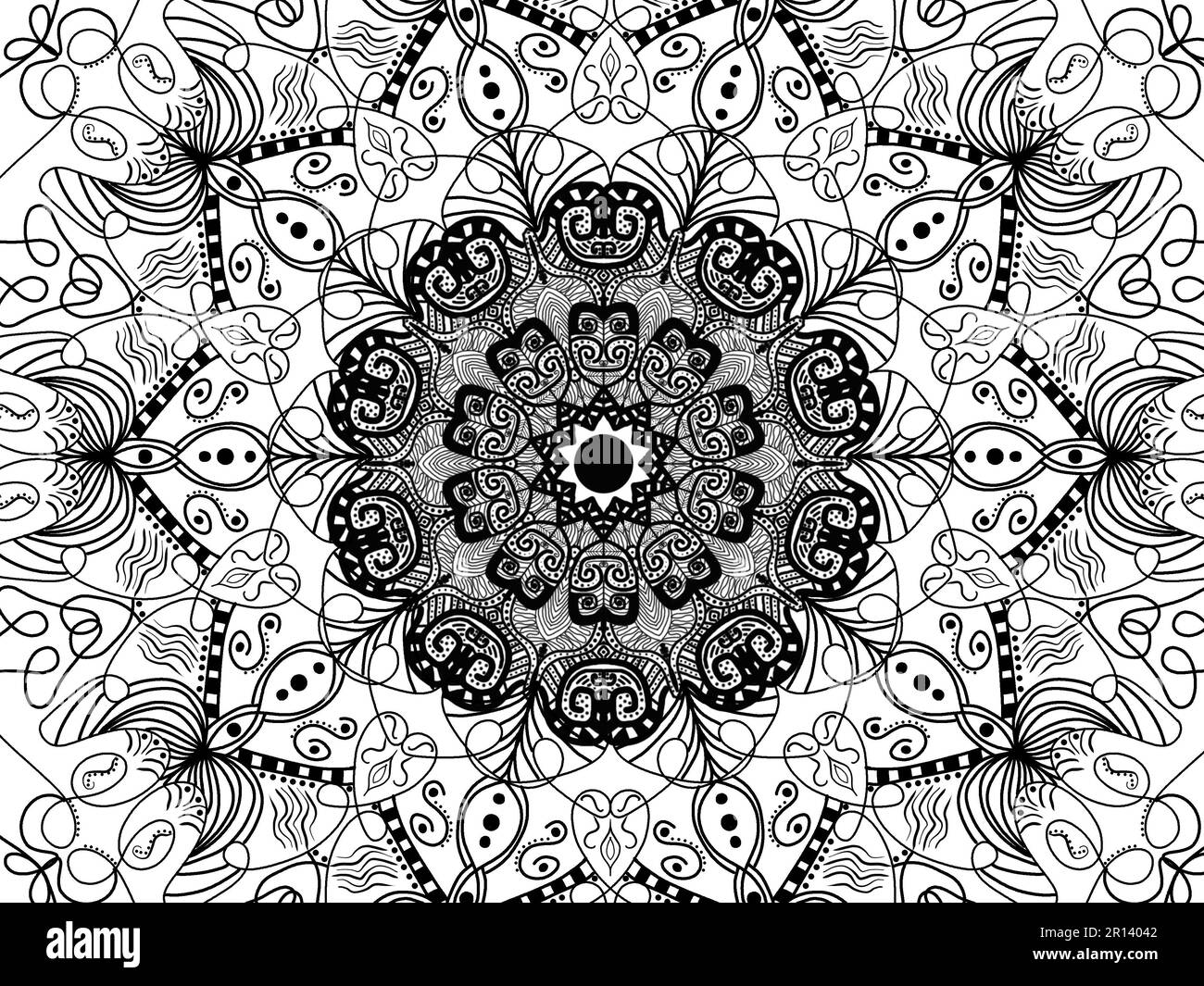 Échelle de gris manuelle mandala noir avec fond blanc. Motif livre de coloriage, motif pour une coloration relaxante. Banque D'Images