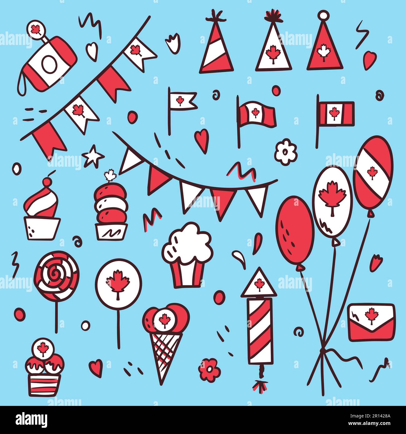 Journée nationale du Canada. Premier juillet. Ensemble de symboles et d'icônes de style doodle. Feuille d'érable comme symbole. Carte de vœux, bannière ou affiche. Vecteur Illustration de Vecteur