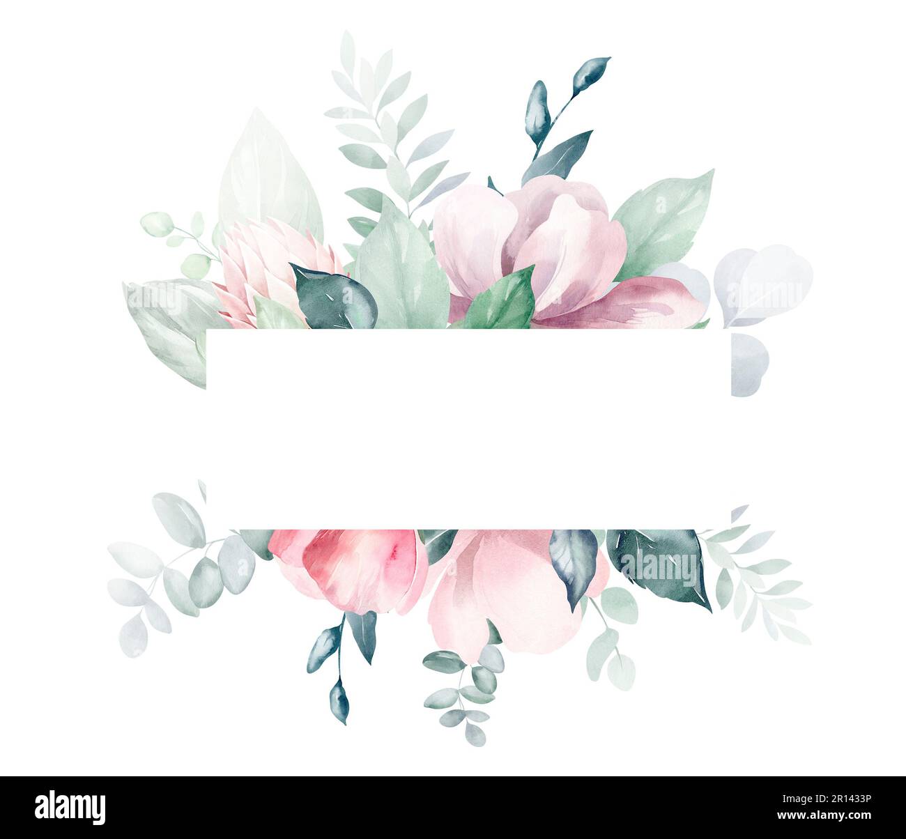 Ensemble d'illustrations de bouquet de fleurs aquarelles - rose pâle, vert, fleur rose, feuilles vertes, branches de bouquets collection. Poste de mariage Banque D'Images