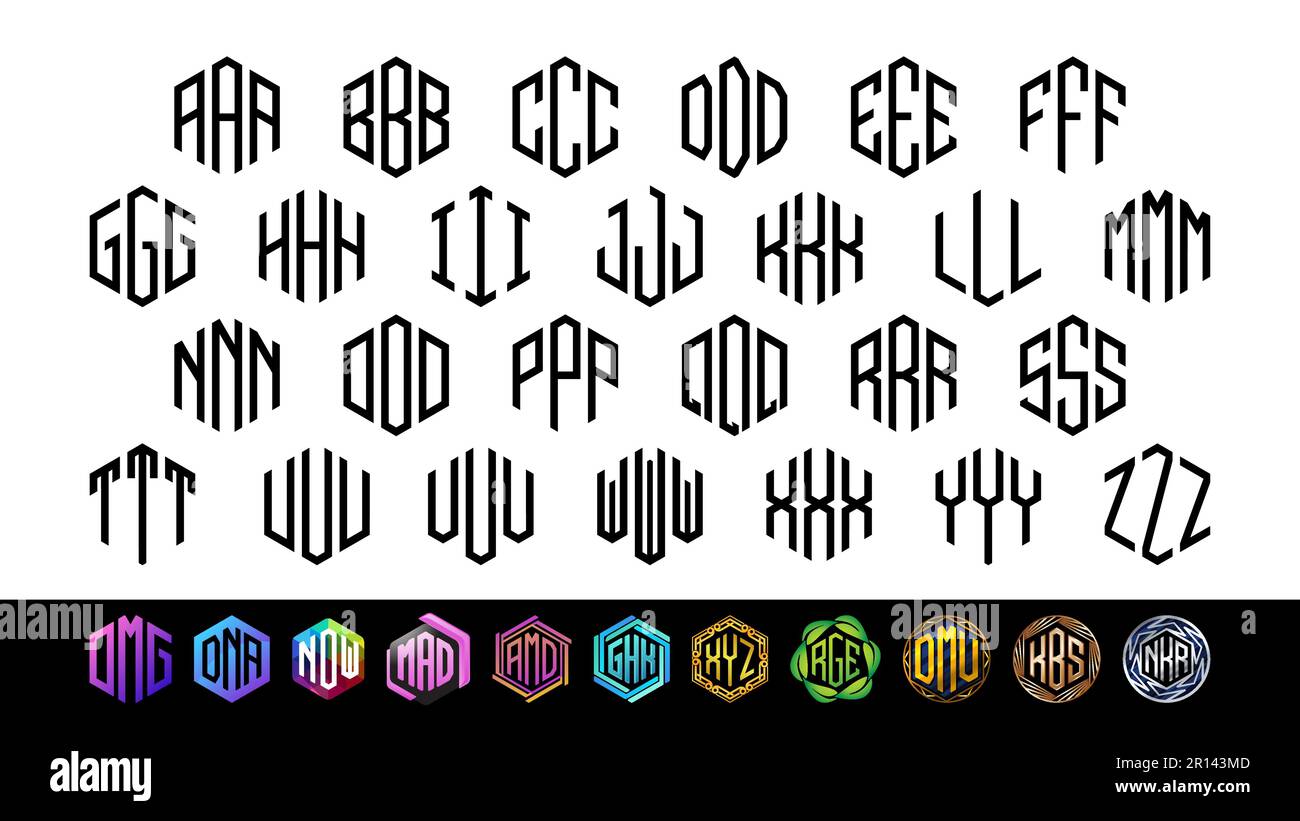 Monogramme hexagonal 3 lettres Alphabet police pour logotype, logos, broderie, colliers, bijoux, abréviations de nom Illustration de Vecteur