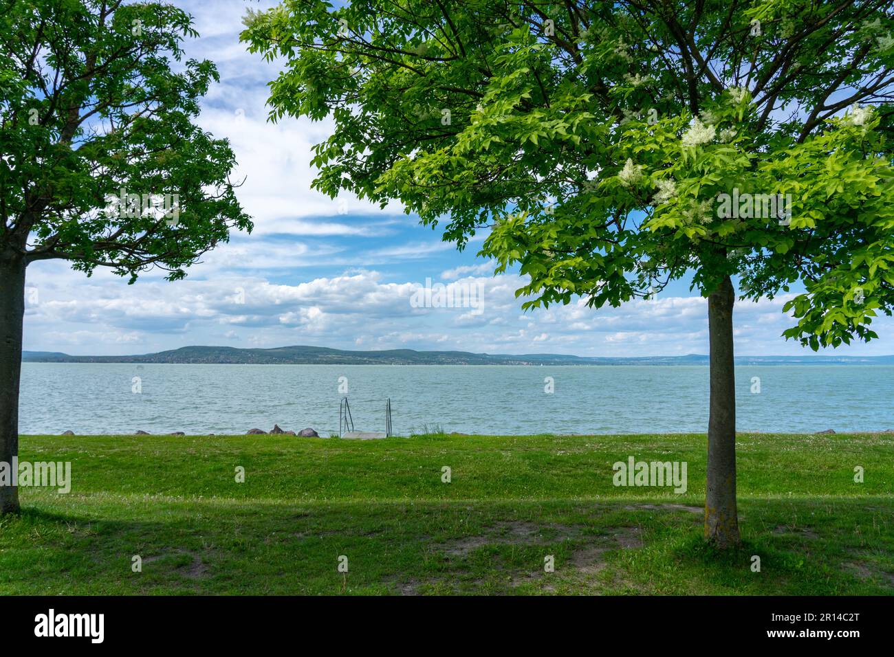 Plage libre sur le lac Balaton avec des arbres et la nature à Balatonlelle Hongrie . Banque D'Images