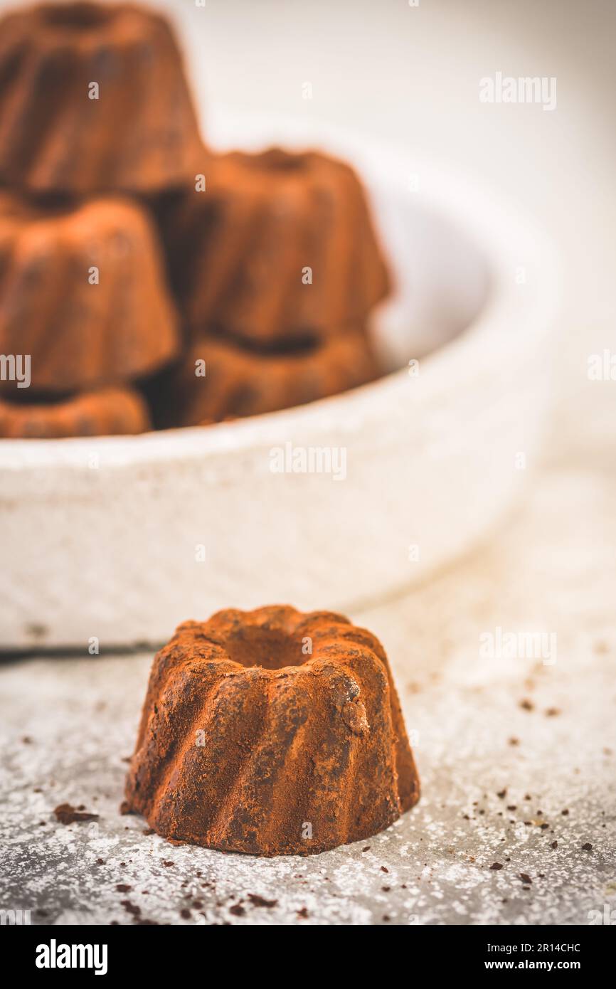 Pralines au chocolat sous forme de petits gâteaux Bundt saupoudrés de cacao, sur fond gris clair, se concentrent sur un seul chocolat au premier plan, le vert Banque D'Images