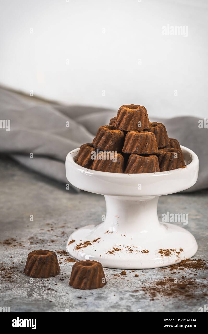 Pralines au chocolat sous forme de petits gâteaux Bundt, saupoudrés de cacao, sur fond gris clair, espace de copie Banque D'Images