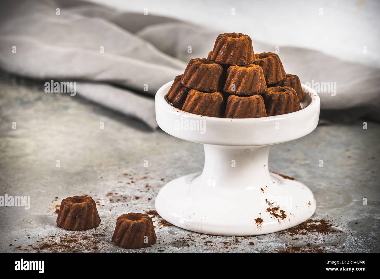 Pralines au chocolat sous forme de petits gâteaux Bundt, saupoudrés de cacao, sur fond gris clair Banque D'Images