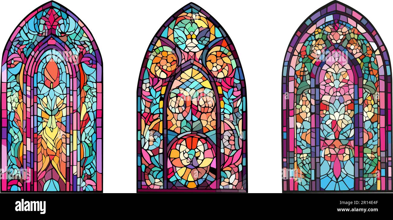 Décorations catholiques ou chrétiennes.les panneaux de l'église sont décorés de mosaïques de couleur en différentes formes.magnifique collection de vitreuses fenêtres de peinture avec un abstrait Illustration de Vecteur