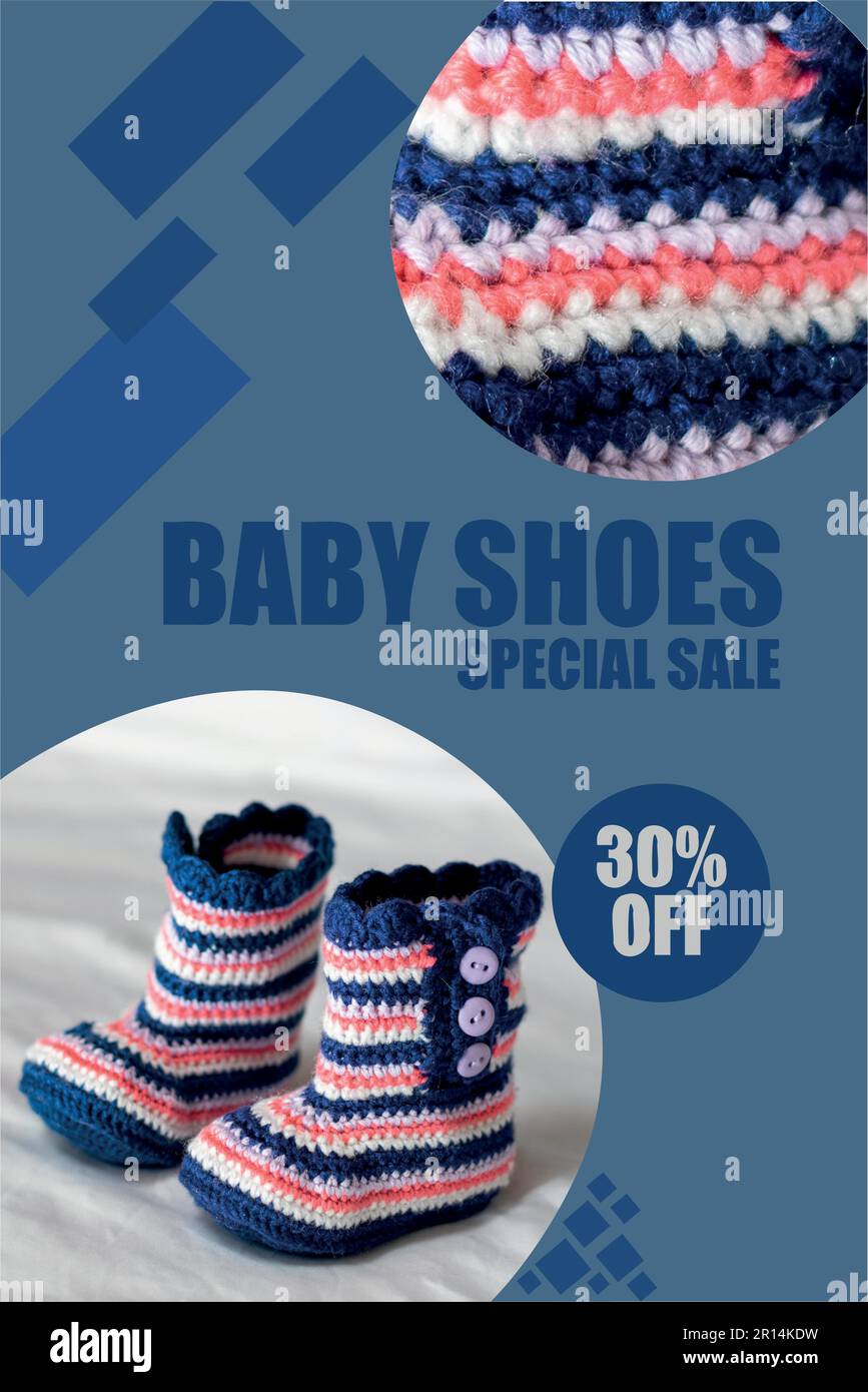 bannière publicitaire bleue de la main crocheted bébé chaussures, avec le design de cercles montrant les détails. Illustration de Vecteur