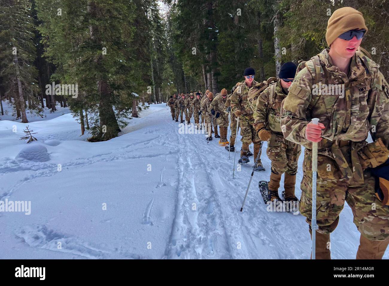 Skovde, Suède. 16th avril 2023. Parachutistes de l'armée avec Une Compagnie, 1st Bataillon, 503rd Régiment d'infanterie de parachutisme, 173rd Brigade aéroportée, marche vers un pic de montagne en raquettes lors d'un cours d'alpinisme au Centre d'excellence de la guerre de montagne de l'OTAN à Skovde, Suède, 16 avril 2023. Les parachutistes ont passé cinq jours à apprendre aux instructeurs slovènes comment se déplacer, survivre et se battre dans les conditions difficiles des Alpes slovènes. La Brigade aéroportée de 173rd est la Force d'intervention d'urgence de l'armée en Europe, capable de projeter des forces prêtes n'importe où aux États-Unis Europe, Afrique o Banque D'Images