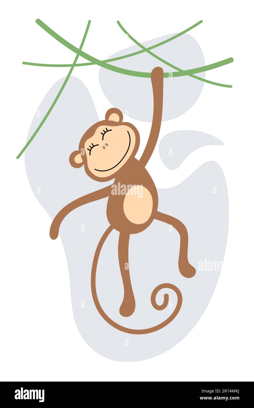 Joli singe dessin animé accroché à la vigne. Dessin de bébé africain animal sauvage singe. Un chimpanzé souriant dans la jungle. Imprimé carillon à la main avec motif original et motif vectoriel eps Illustration de Vecteur