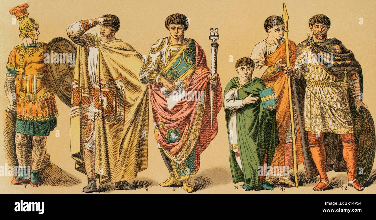 L'âge romain. De gauche à droite: 7- empereur romain ou général en chef, 8- costume byzantin de haut rang, 9- costume de l'empereur depuis Domitian, 10- page, 11- greffier de la cour, 12- empereur avec armes. Chromolithography. 'Historia Universal', par César Cantú. Volume II, 1881. Banque D'Images