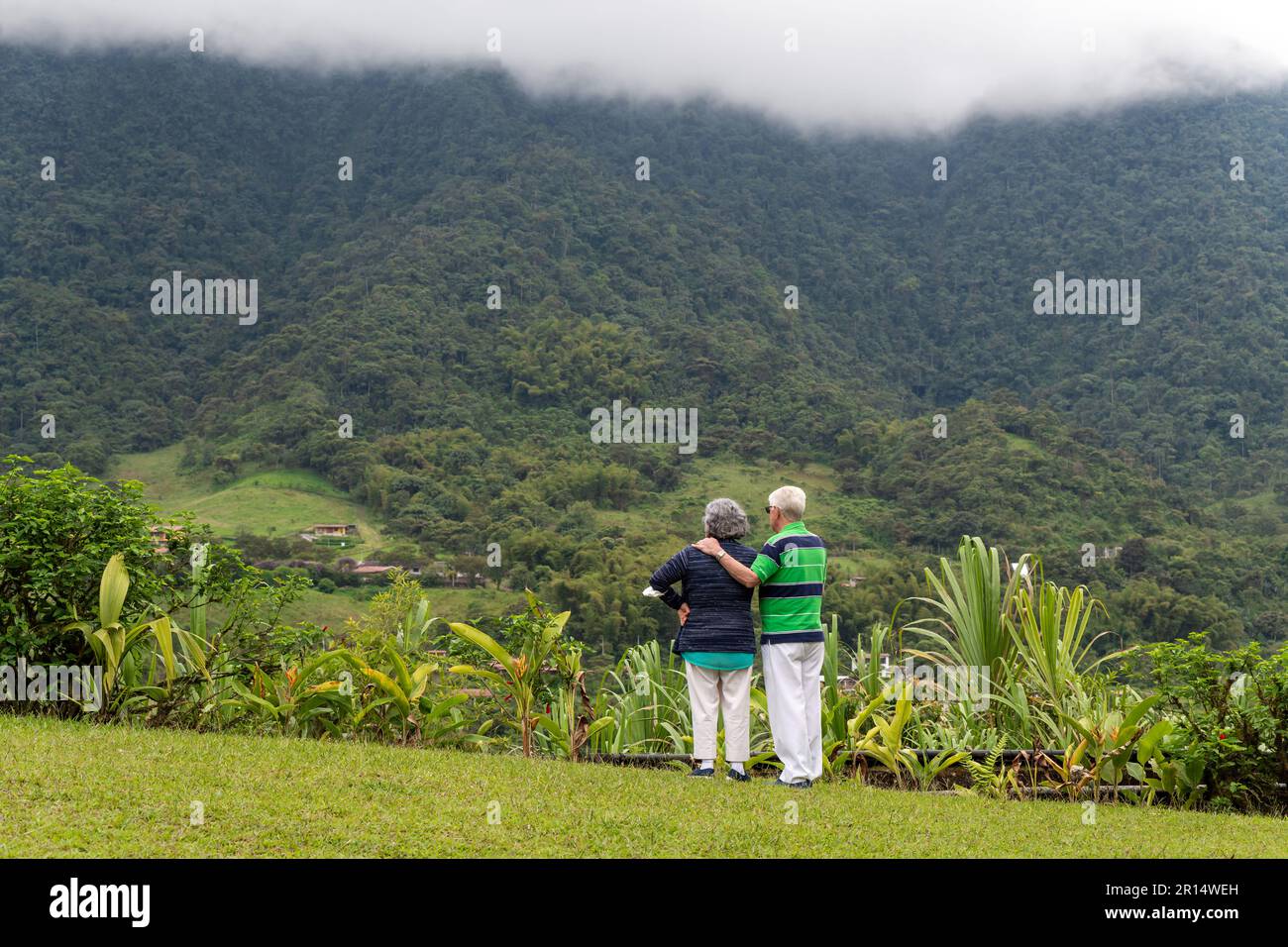 Couple senior méconnaissable regardant la nature pendant le voyage à la forêt nuageuse, Mindo forêt nuageuse, Quito, Equateur. Banque D'Images