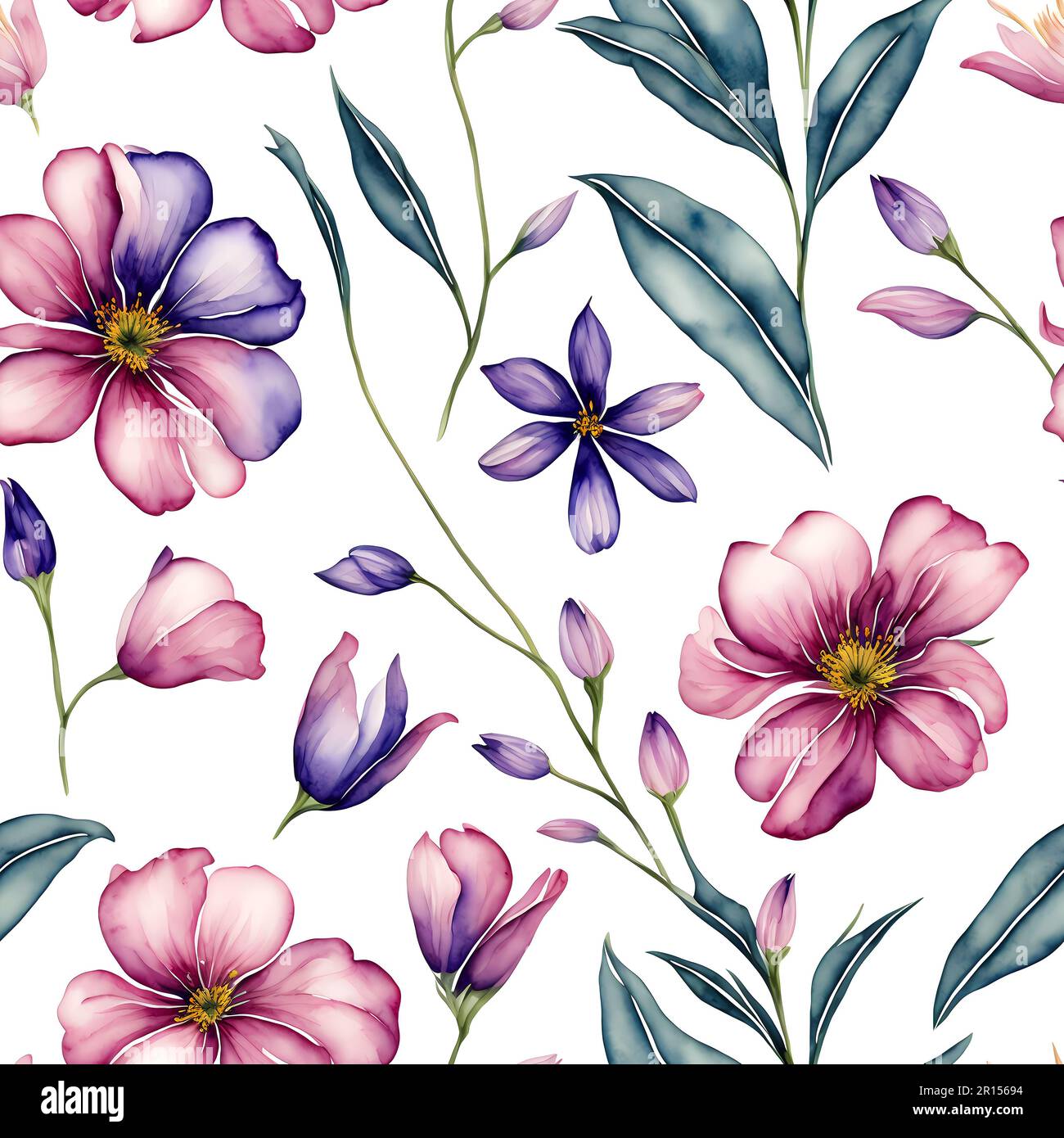 Décoration florale vintage avec fleurs aquarelle peint sur fond blanc sans couture motif Banque D'Images