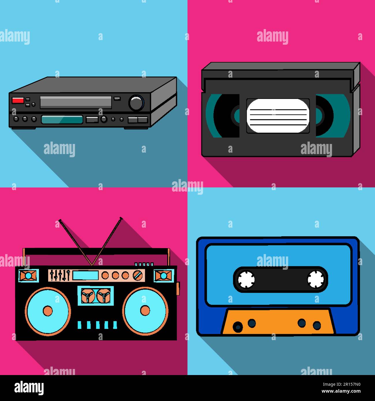 Un ensemble de quatre icônes simples de style plat avec une longue ombre de l'ancien rétro rétro hipster antique électronique, magnétophone, cassette audio, lecteur vidéo a Illustration de Vecteur