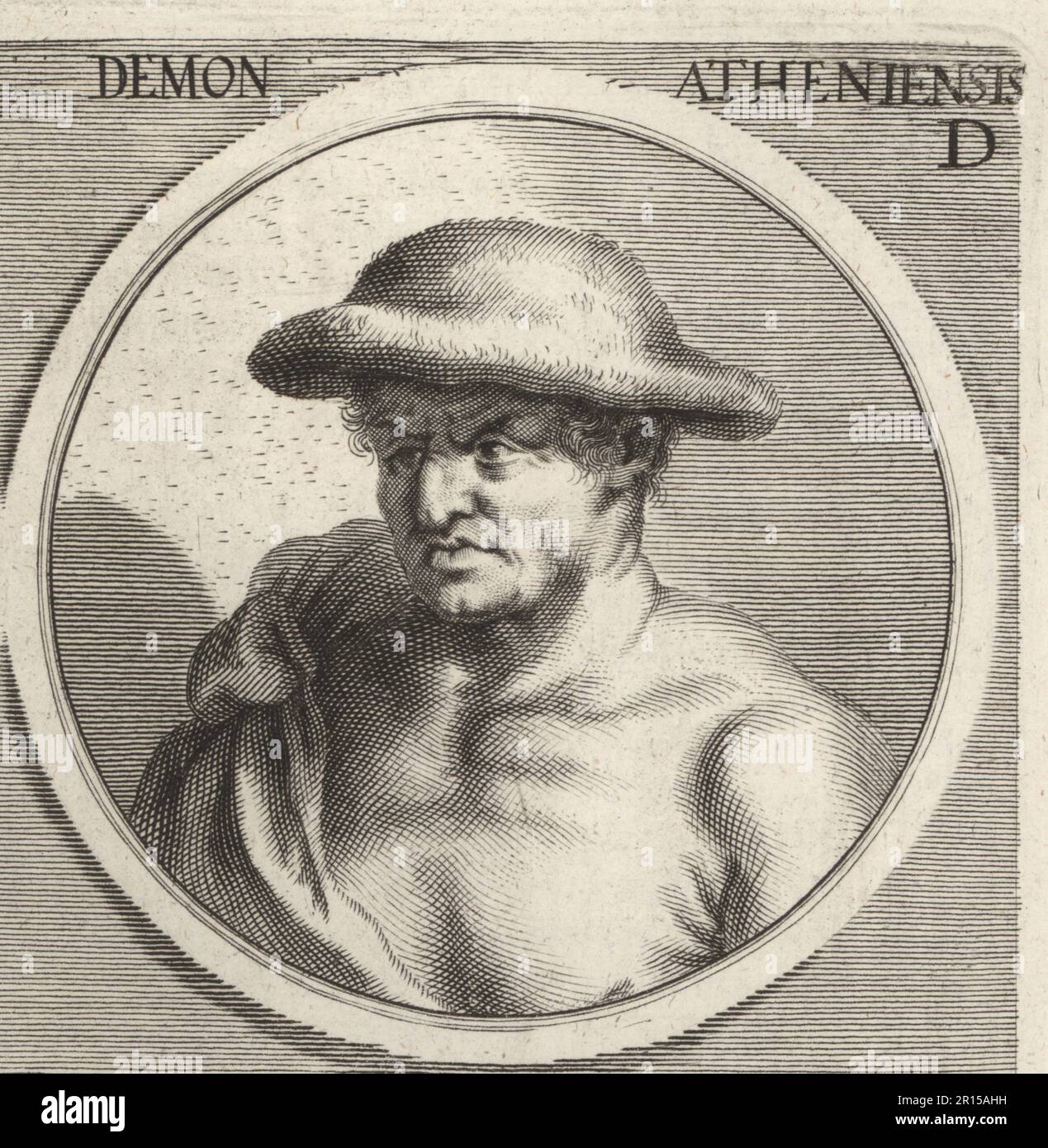 Démon d'Athènes, figure imaginaire créée par Parrasius d'Éphèse, l'un des plus grands peintres de la Grèce antique, avant 399 av. J.-C. Démon Atheniensis. Gravure sur plaque de copperplate par Philipp Kilian d'après une illustration de Joachim von Sandrart de son Academia Todesca, della Architectura, Scucultura & Pittura, oder Teutsche Academie, der Edlen Bau- Bild- und Mahlerey-Kunste, Académie allemande d'architecture, Sculpture and Painting, Jacob von Sandrart, Nuremberg, 1675. Banque D'Images