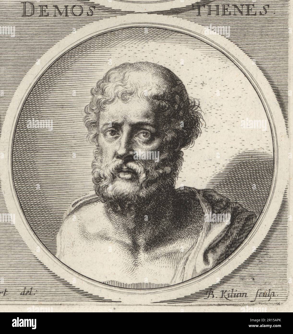 Demosthenes, homme d'État grec et orateur dans l'Athènes antique, 384-322 av. J.-C. Demosthenes. Gravure sur plaque de coperplate par Bartholomaus Kilian d'après une illustration par Joachim von Sandrart de son Académie Todesca, della Architectura, Scucultura & Pittura, oder Teutsche Academie, der Edlen Bau- Bild- und Mahlerey-Kunste, Académie allemande d'architecture, Sculpture et peinture, Jacob von Sandrart, Nuremberg, 1675. Banque D'Images