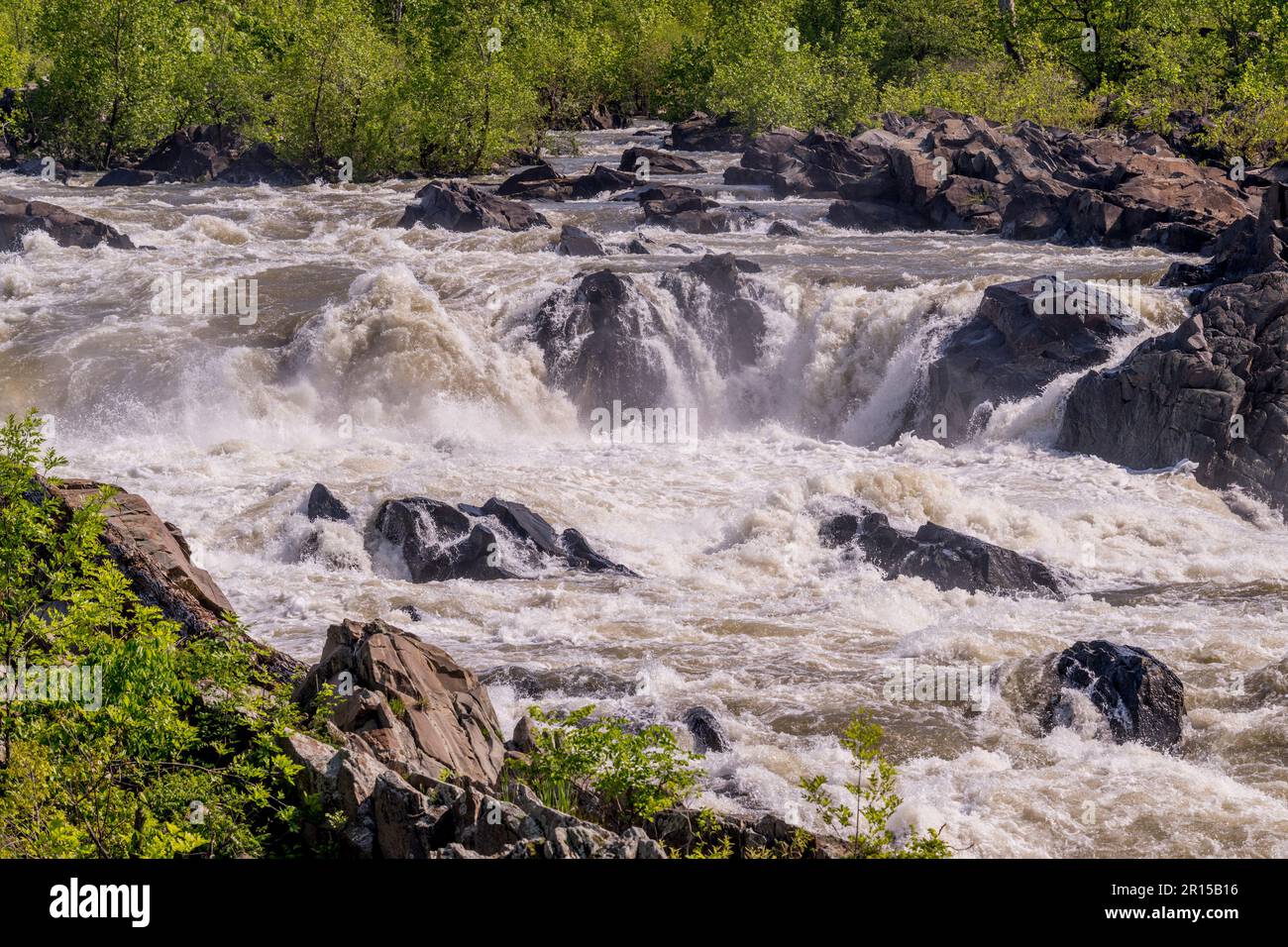 Vue détaillée des grandes chutes depuis une plate-forme d'observation le long de la rivière Potomac, Great Falls Park, Virginie, États-Unis d'Amérique. Banque D'Images
