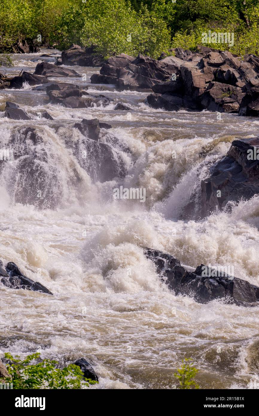 Vue détaillée des grandes chutes depuis une plate-forme d'observation le long de la rivière Potomac, Great Falls Park, Virginie, États-Unis d'Amérique. Banque D'Images