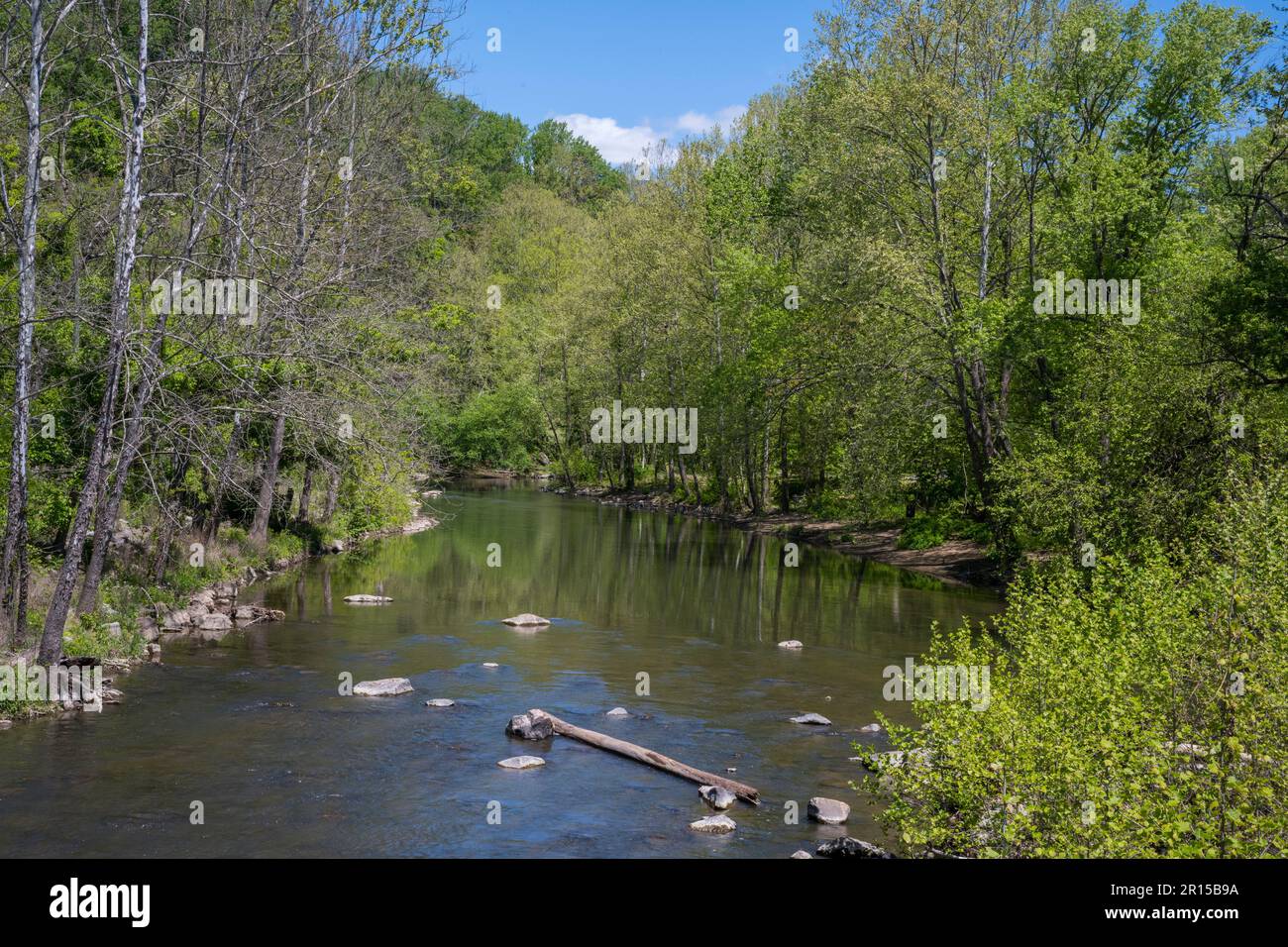 Vue sur la rivière Patapsco à Ellicott City, une ville historique du comté de Howard, Maryland, États-Unis d'Amérique. Banque D'Images