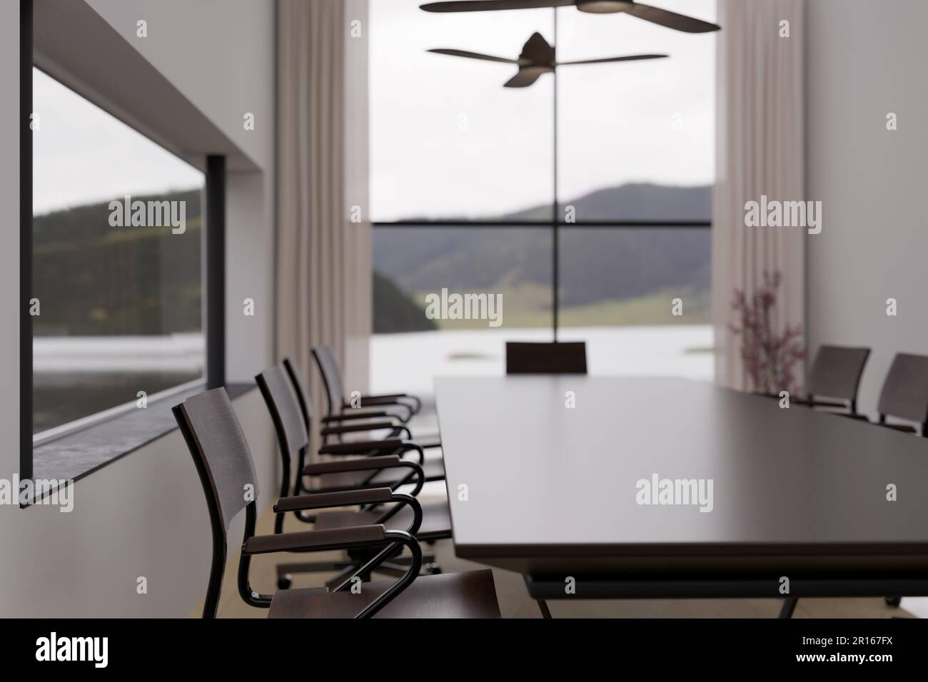 Design intérieur d'une salle de réunion moderne et spacieuse avec table de  réunion moderne en bois dur, chaises, grande fenêtre, ventilateur de plafond  et décor. rendu 3d, 3d illus Photo Stock -