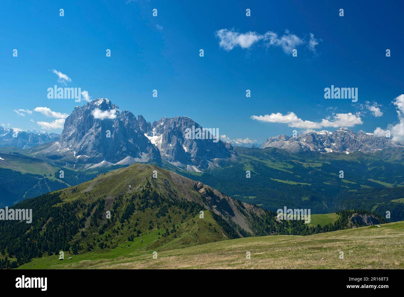 Vue de la Seceda à Langkofel, Dolomites, Trentin Tyrol du Sud, Italie Banque D'Images