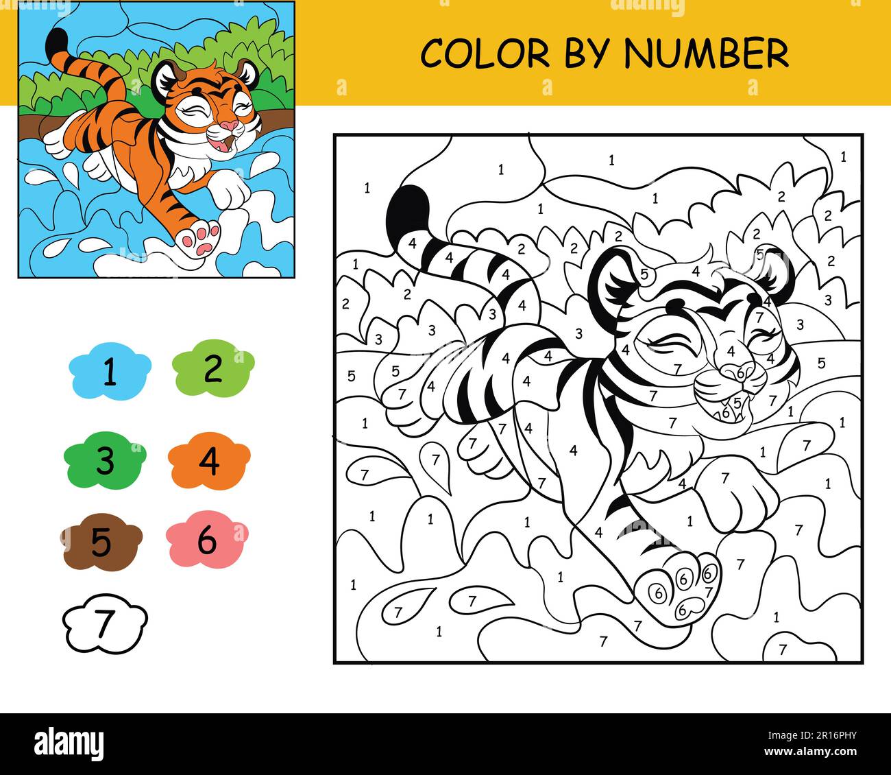 Puzzle à colorier avec nombre de couleurs pour les enfants avec un joli tigre. Livre de coloriage imprimable. Feuille de travail pour les loisirs pour enfants. Image en noir et blanc avec couleur Illustration de Vecteur