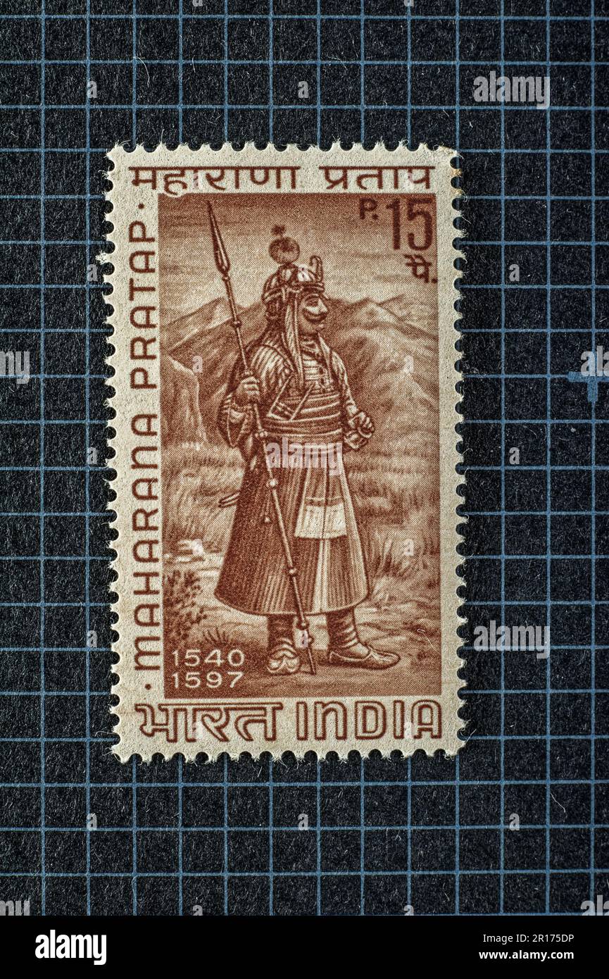 03 26 2014 TIMBRE postal de MENTHE Vintage de Maharana Pratap 1540-1597 Studioshohot Lokgram Kalyan Maharashtra Inde.Asie. Banque D'Images
