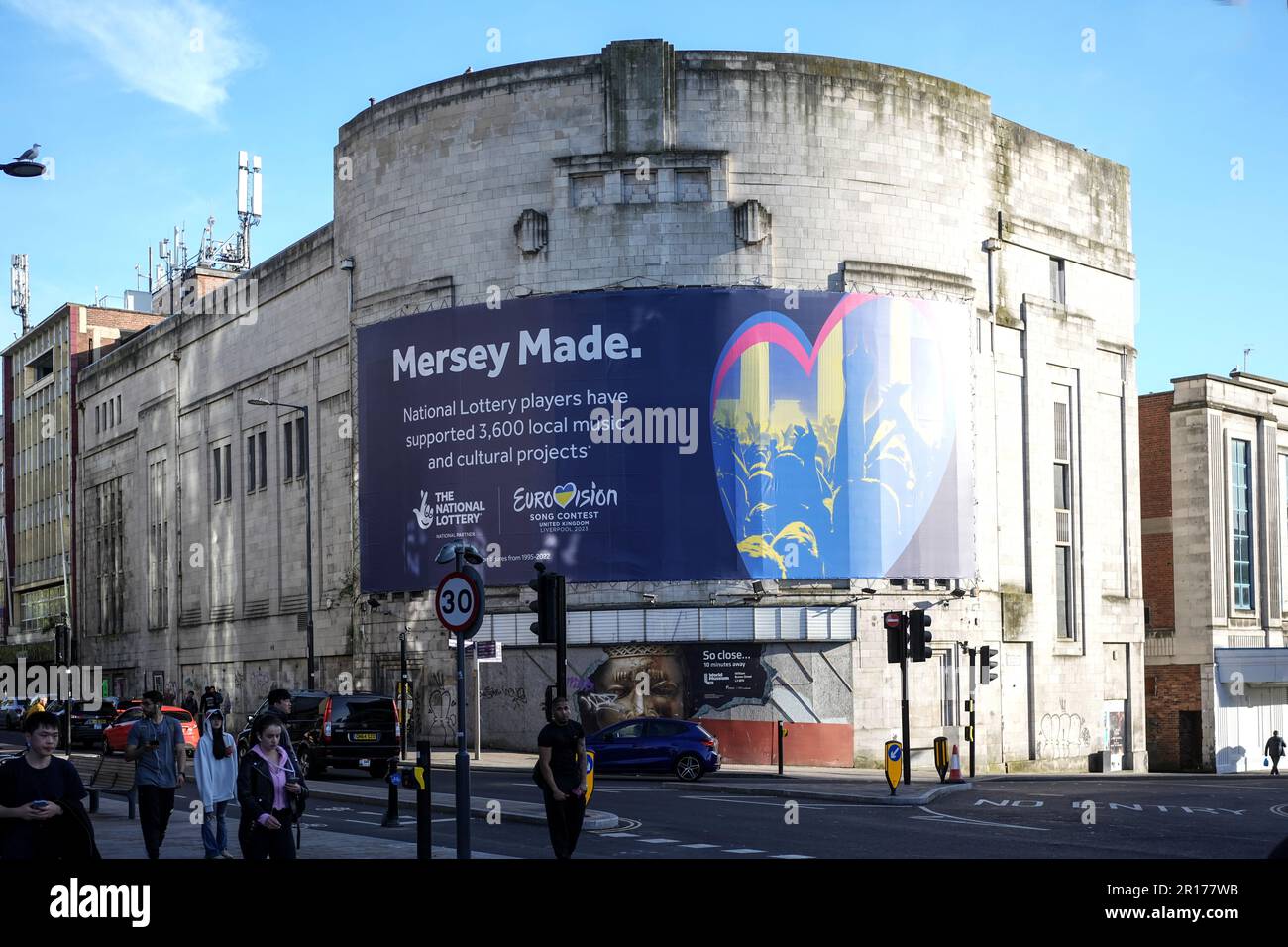 Ancien bâtiment de cinéma ABC à Lime Street Liverpool.avec signalisation Eurovision 2023 Banque D'Images