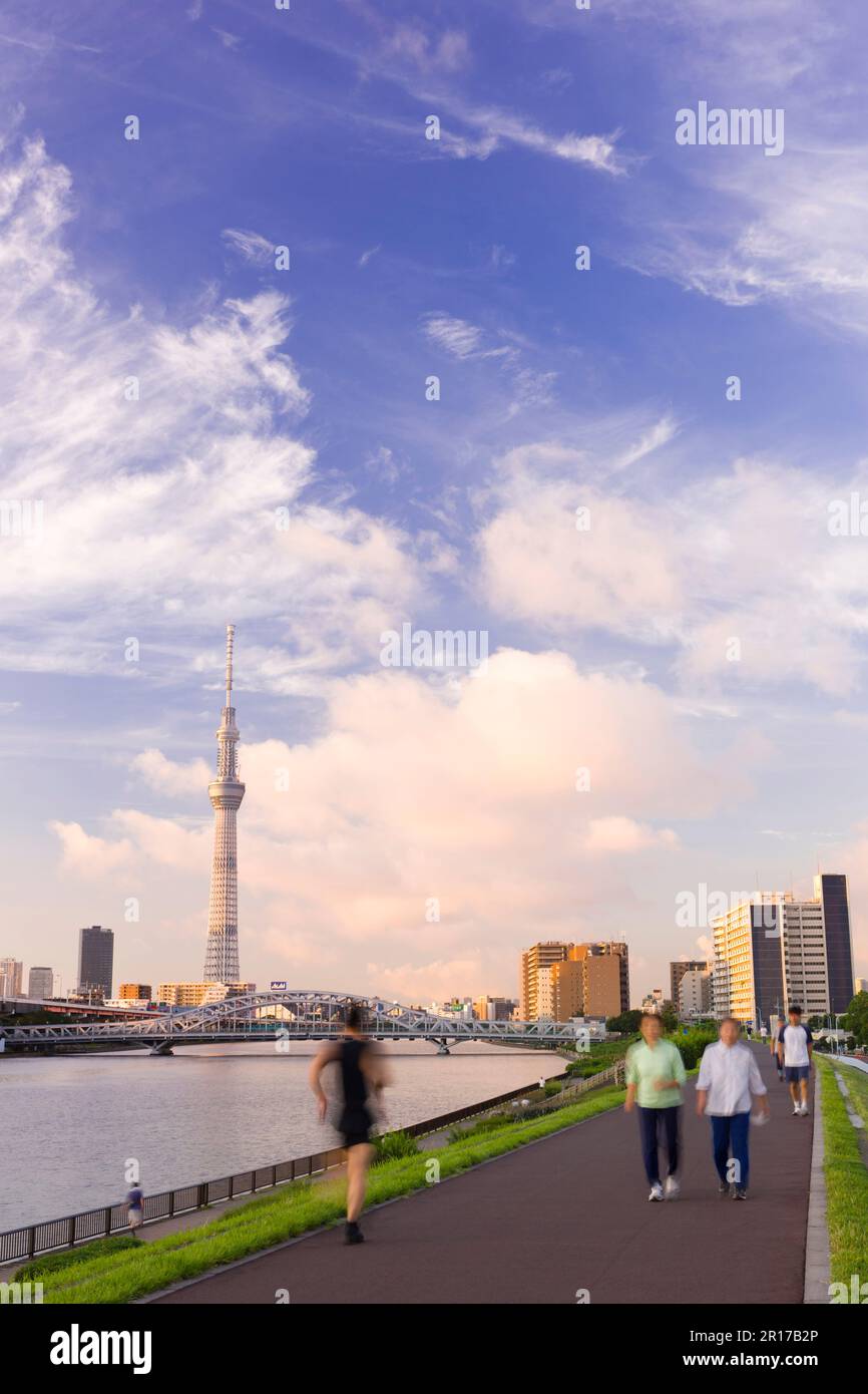 Tokyo Sky Tree le matin et les gens qui couent sur les rives du fleuve Sumida Banque D'Images