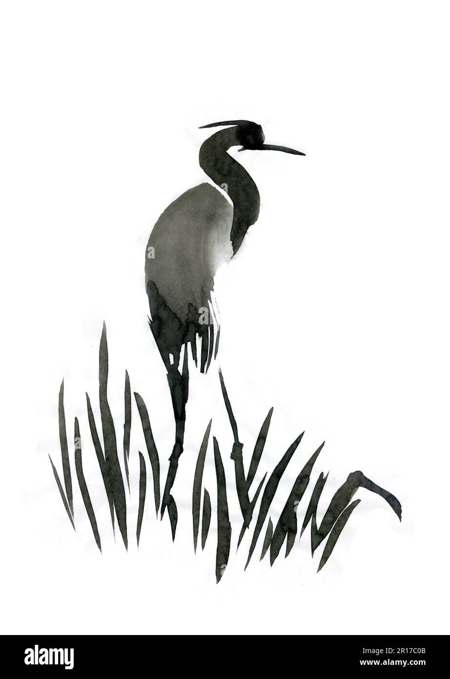 Grue et feuilles d'herbe dans le brouillard. Peinture à l'encre orientale traditionnelle sumi-e, u-sin, Go-hua. Traduction de hiéroglyphe - silence. Banque D'Images