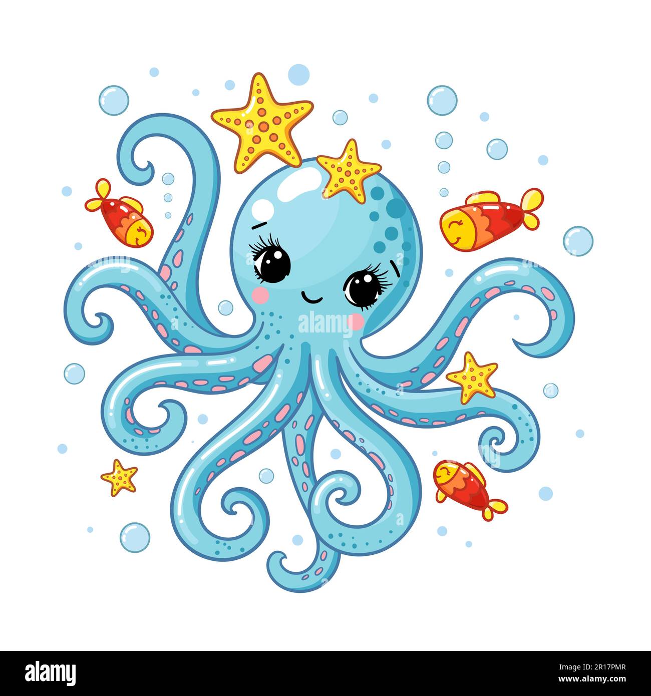 Joli poulpe bleu avec poisson et étoiles de mer. Illustration pour enfants. Thème marin. Pour la conception d'imprimés, d'affiches, de cartes, de puzzles, d'edu pour les enfants Illustration de Vecteur
