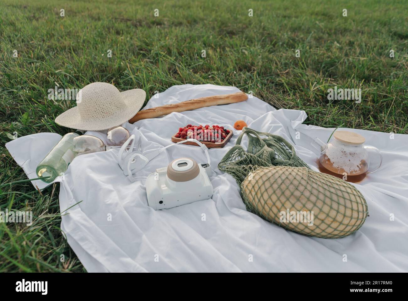 Nappe avec fruits, nourriture de pique-nique, chapeau Banque D'Images