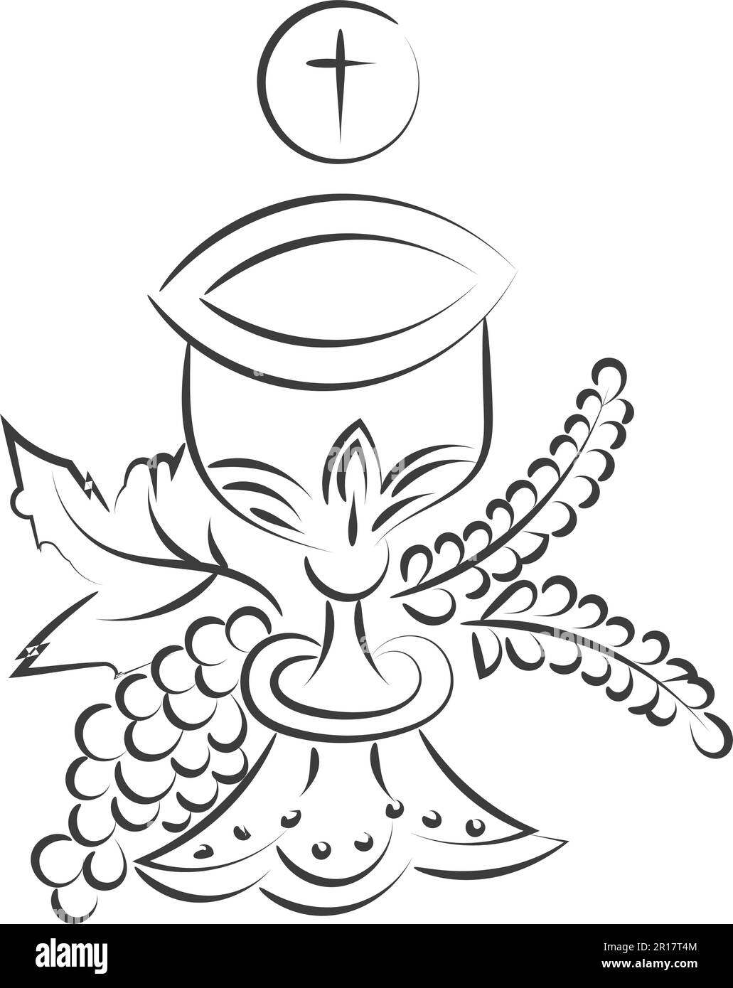 Motif brodé First Communion. Eucharistie en Chalice avec raisins et blé pour impression ou utilisation comme affiche, carte, prospectus ou T-shirt Illustration de Vecteur