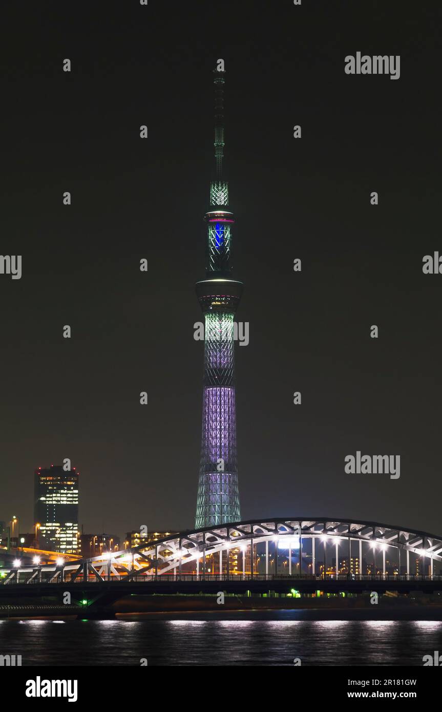 Illumination du ciel de Tokyo (Saki) et du pont Shirahige Banque D'Images