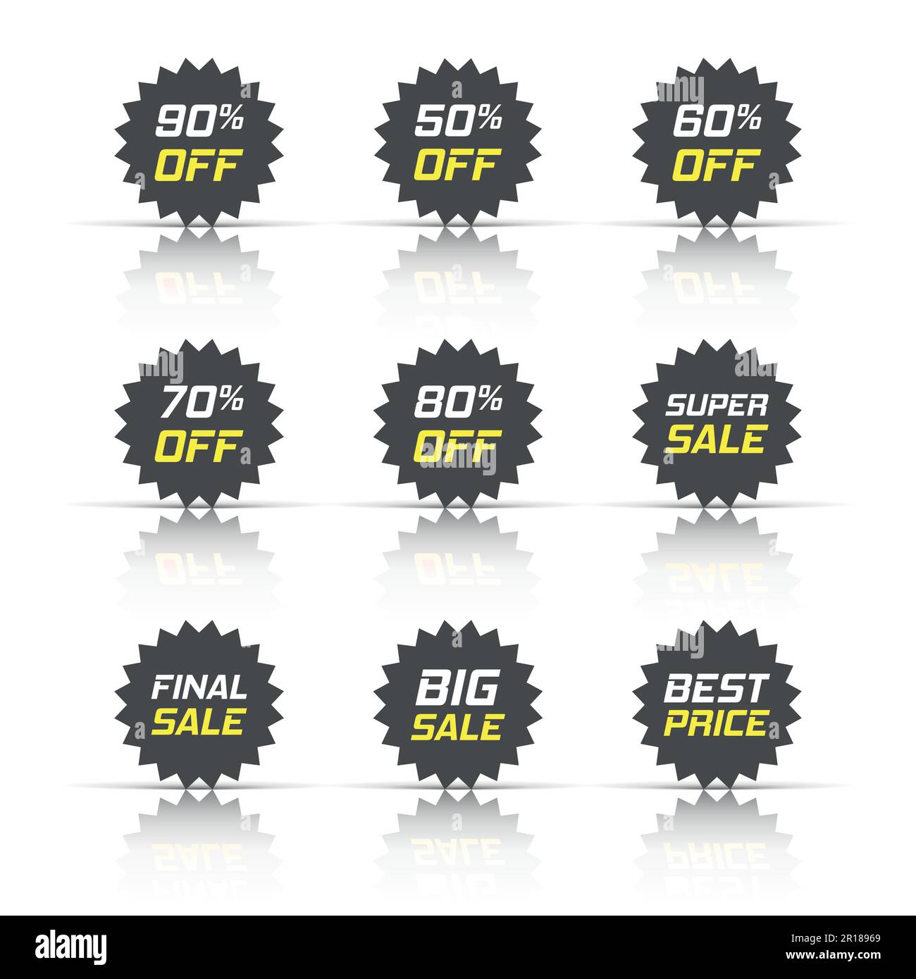 Icône de vecteur d'autocollants de réduction de style plat. Illustration de l'étiquette de vente sur fond blanc isolé. Promotion 50, 60, 70, 80, 90 % de réduction Illustration de Vecteur