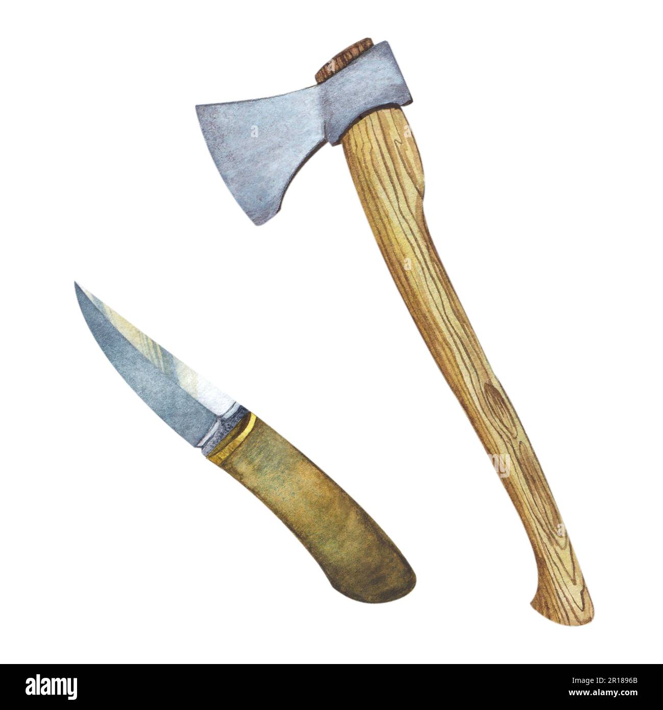 Illustration aquarelle d'une hache avec poignée en bois et d'un couteau de chasse avec poignée en bois pour camper sur fond blanc. Outil de Forester. Dessiné à la main. Banque D'Images