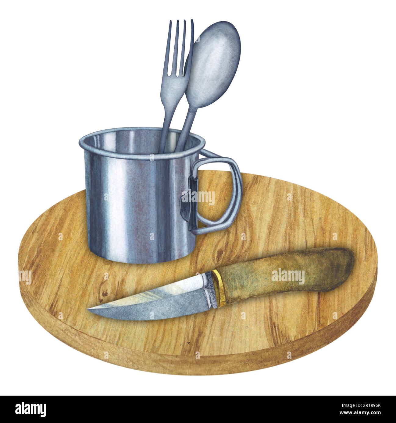 Composition de l'aquarelle illustration de la planche à découper ronde en bois avec couteau de chasse, tasse en métal, cuillère et fourchette. Dessiné à la main. Banque D'Images
