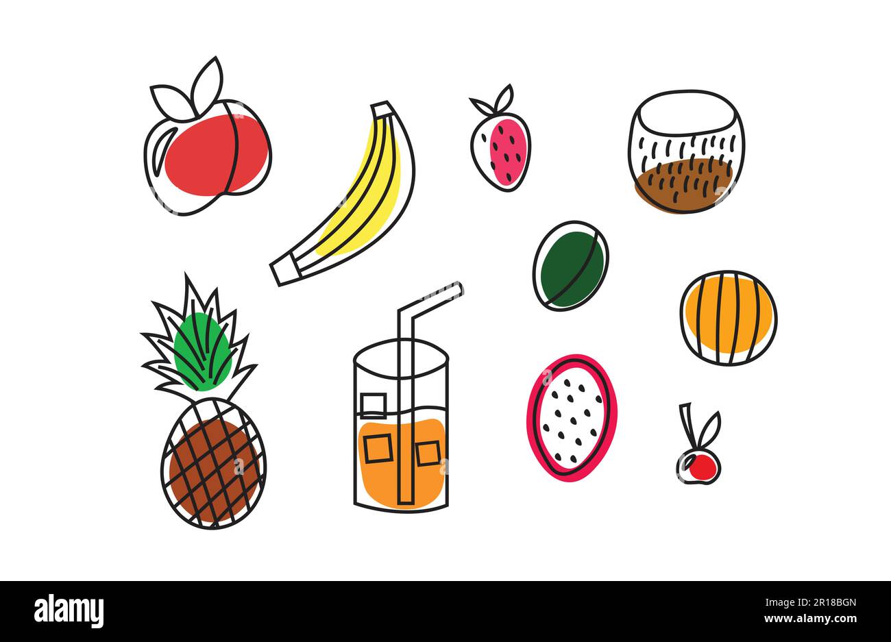 Illustrations de l'ensemble de fruits tendance et tendance. Dessin animé plat style scandinave objets colorés. Illustration de Vecteur