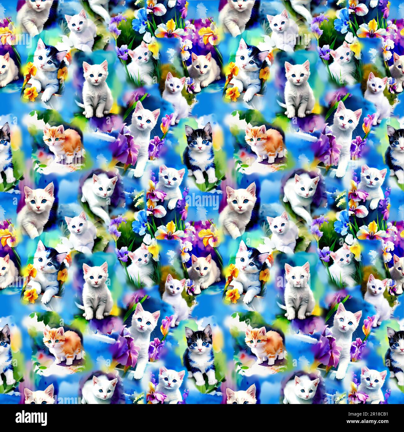Motif aquarelle sans coutures avec jolis chatons et fleurs. Banque D'Images
