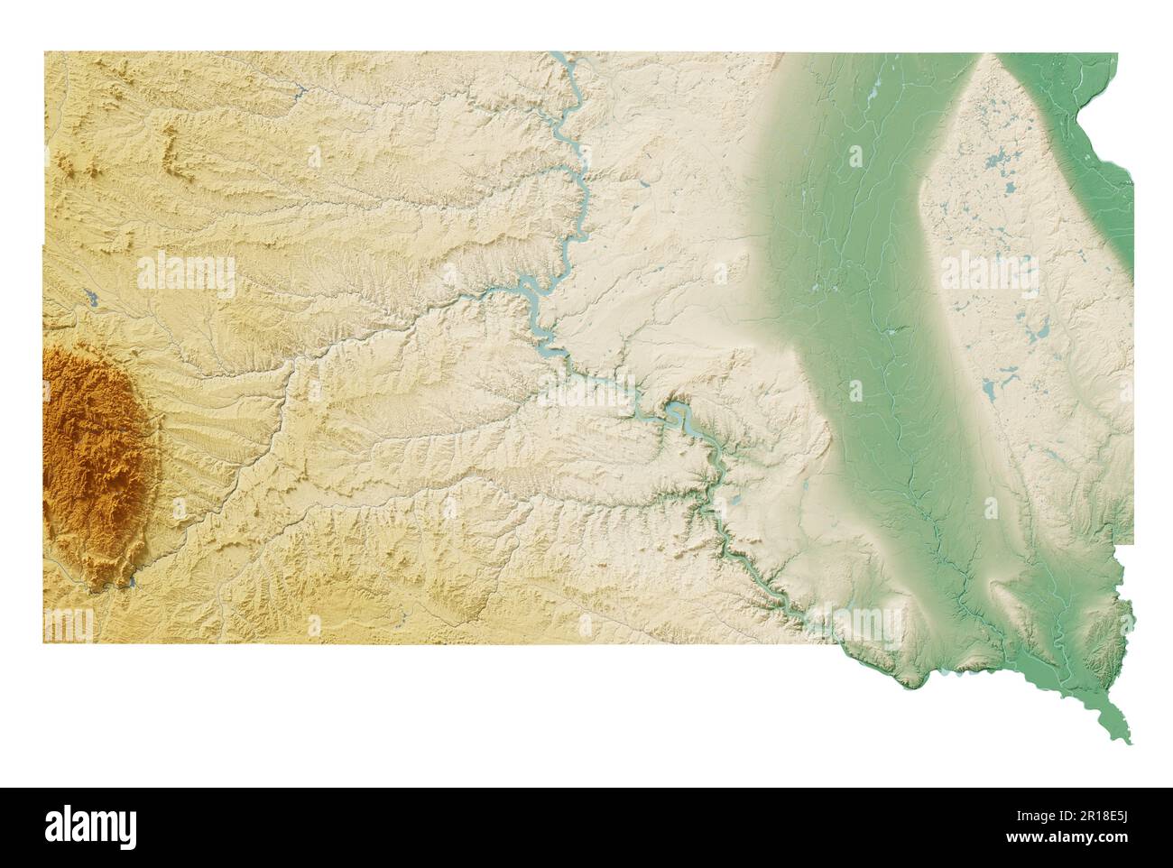 L'État américain du Dakota du Sud. Rendu détaillé en 3D de la carte de relief ombré avec les rivières et les lacs. Coloré par élévation. Créé avec des données satellite. Banque D'Images