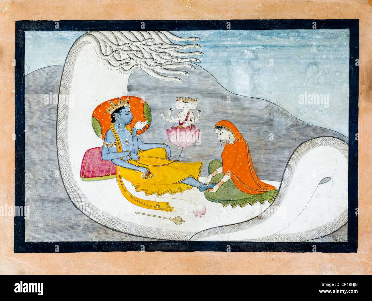 Vishnu couché sur le serpent Shesha, peinture en aquarelle et or par un artiste indien du 18th siècle, 1775-1799 Banque D'Images