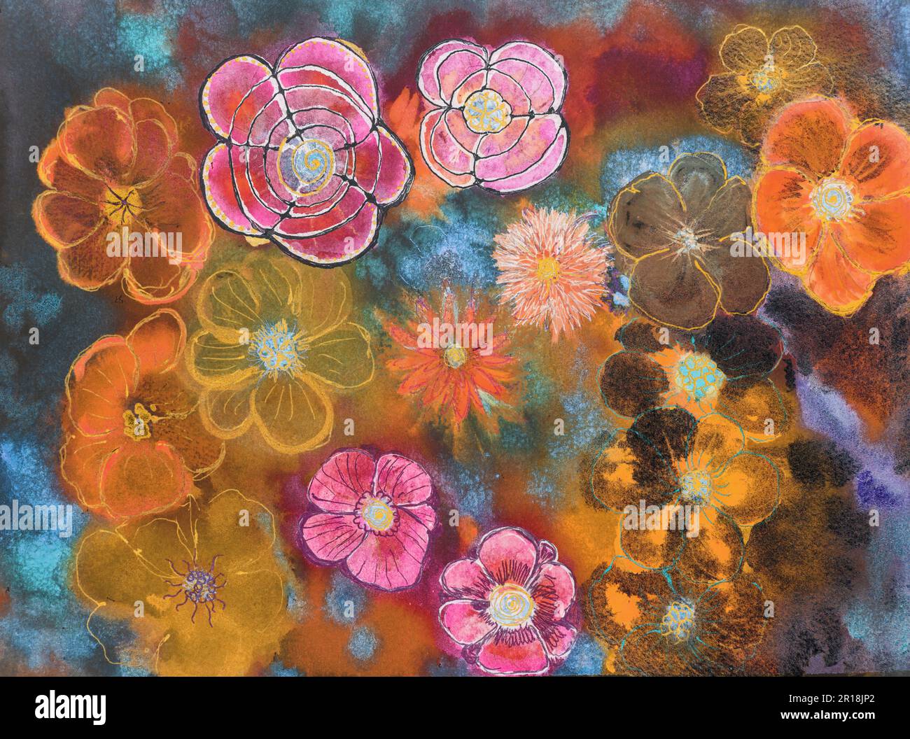 Psychedlic fantaisie de fleurs d'aquarelle. La technique de tabouillage près des bords donne un effet de flou en raison de la rugosité de la surface modifiée de la p Banque D'Images