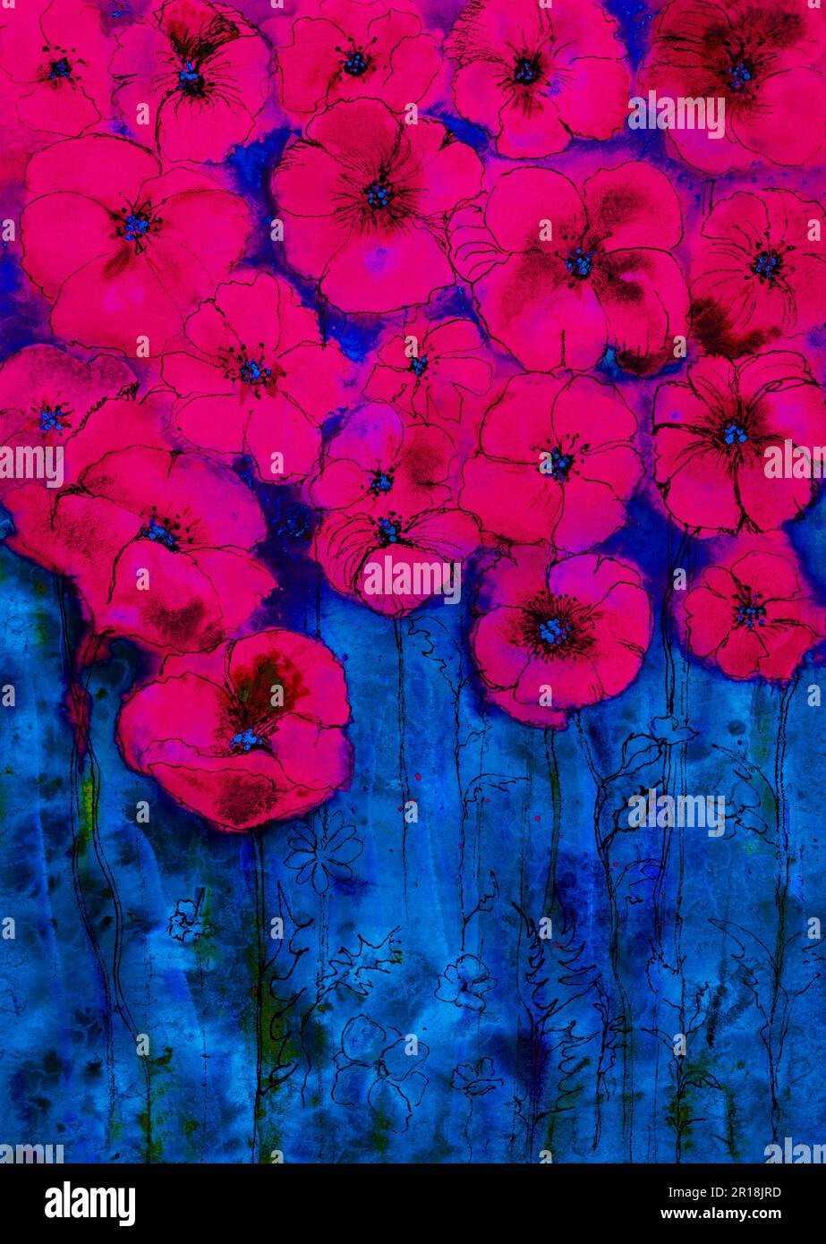Coquelicots rose psychédélique lumineux avec fond bleu. La technique de tabouillage près des bords donne un effet de flou en raison de la surface altérée rugueuse Banque D'Images