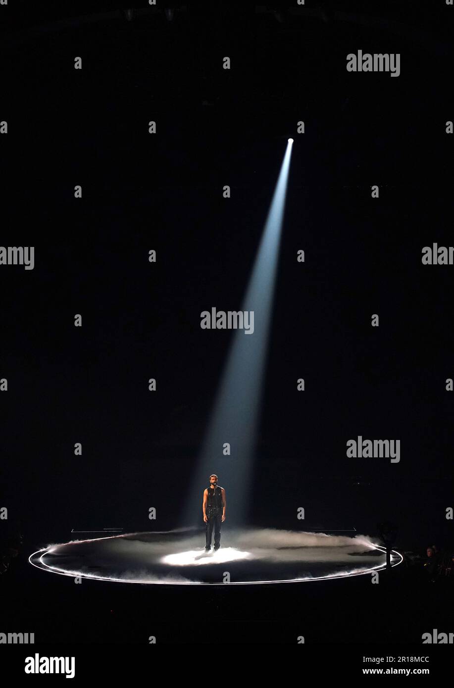 Marco Mengoni, un participant italien, lors de la répétition de la finale du concours Eurovision Song à la M&S Bank Arena de Liverpool. Date de la photo: Vendredi 12 mai 2023. Banque D'Images