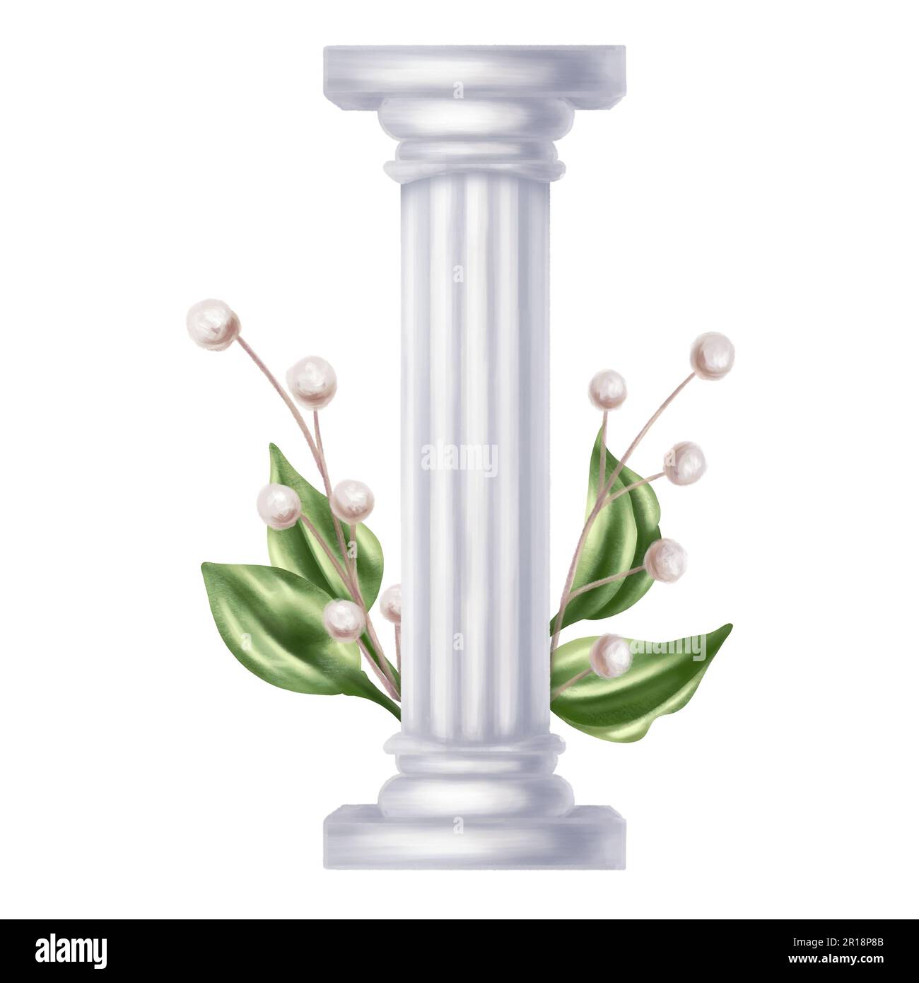 Colonne antique classique en marbre blanc enchâssée de feuilles et de fleurs décoratives. Illustration numérique sur fond blanc. Statuette intérieure Banque D'Images